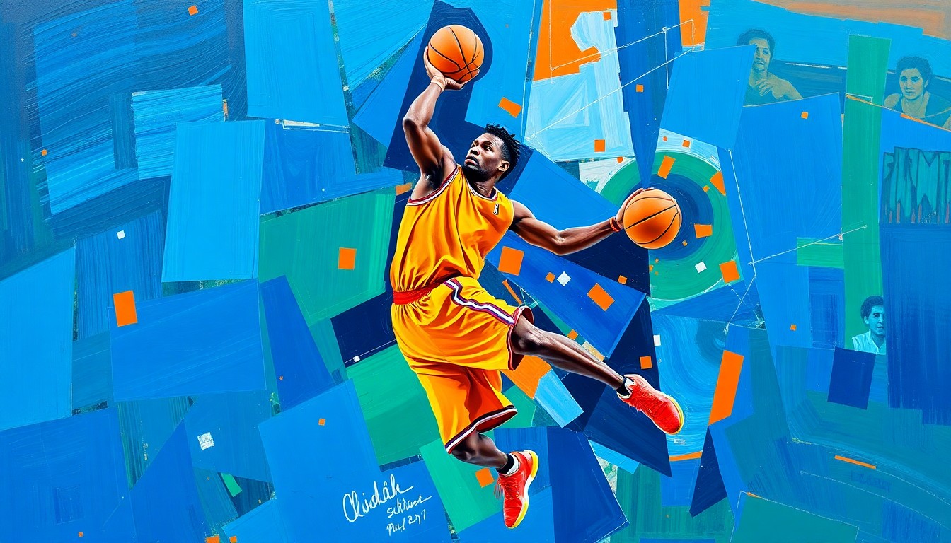 A cubist-style painting depicting a basketball player's movements broken down into overlapping geometric shapes and planes, using vibrant colors like deep blue, bright orange, and emerald green to capture the energy and dynamism of the sport.