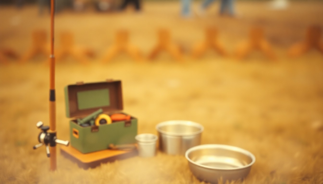 An abstract, impressionistic photograph in warm, earthy tones depicting the outdoors tools and accessories of a nature-loving man, conveying a sense of quiet reflection.