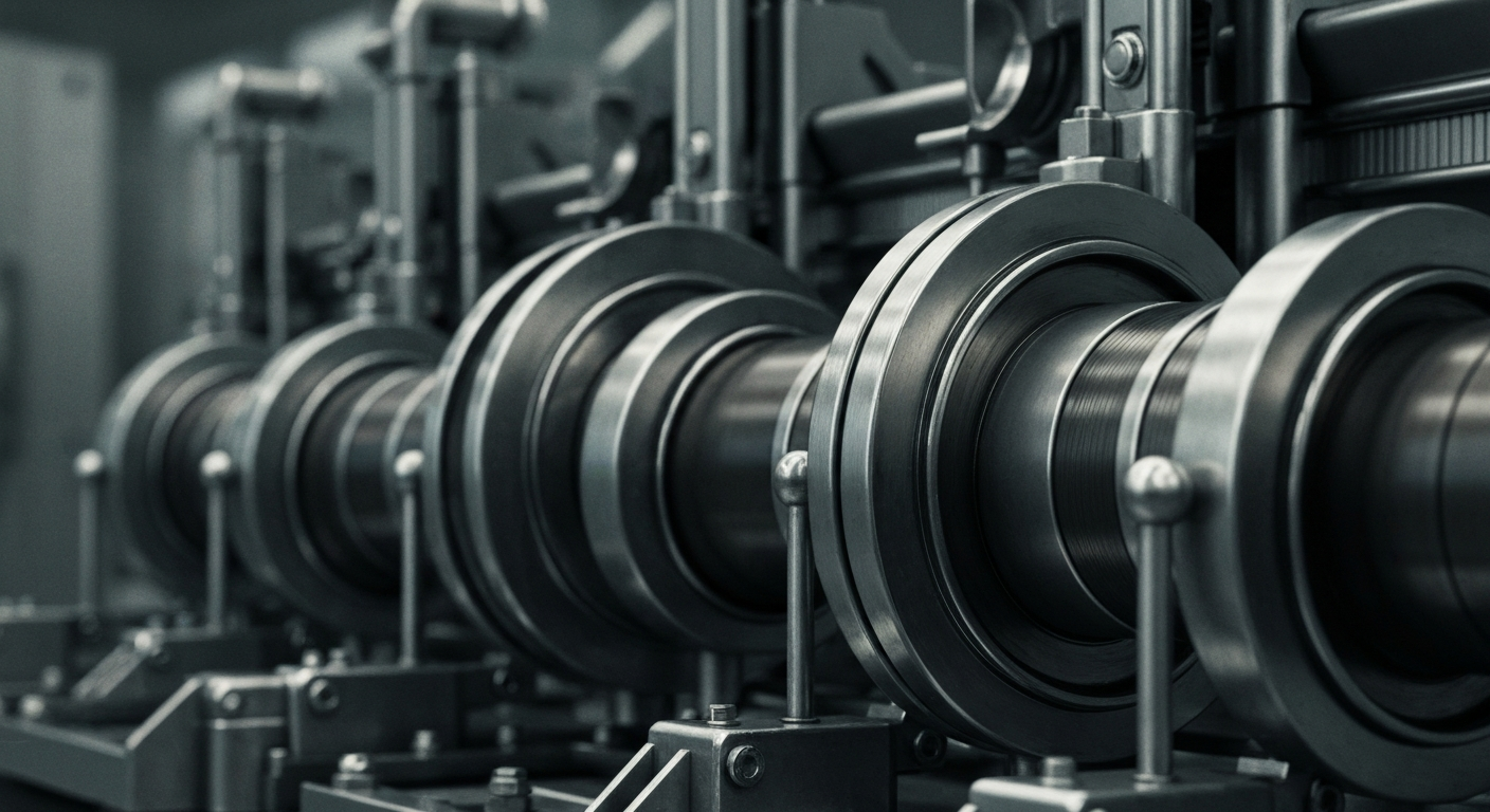 An extreme close-up of polished, interlocking metal gears and levers, representing the complex machinery of the global financial system.