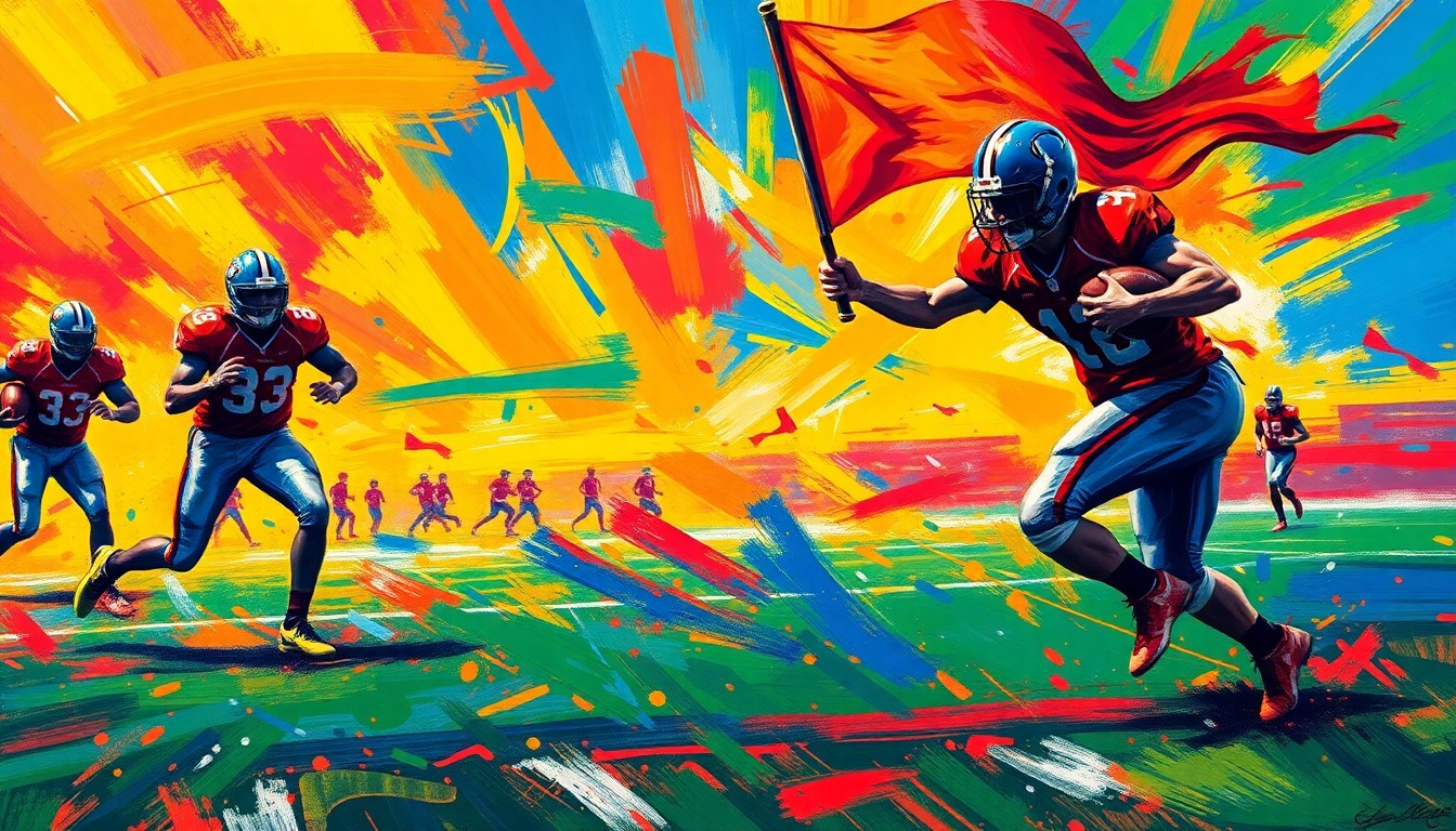 An abstract painting in neon colors and expressive brushstrokes, capturing the energy and movement of a flag football game without any identifiable players or teams.