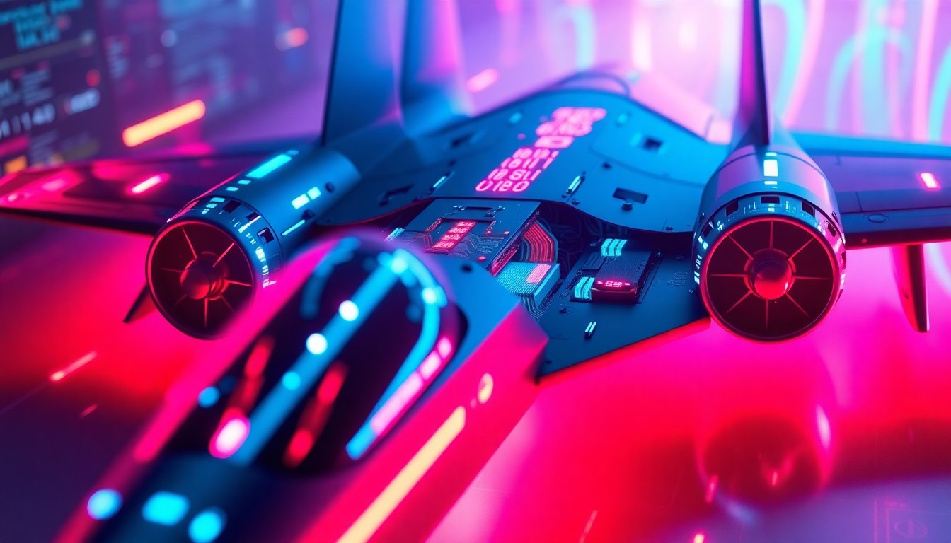 A highly detailed, glowing 3D macro illustration of the internal digital infrastructure and avionics of the B-21 Raider aircraft, bathed in neon cyan and magenta lights, conveying the Raider's cutting-edge technology and digital capabilities.