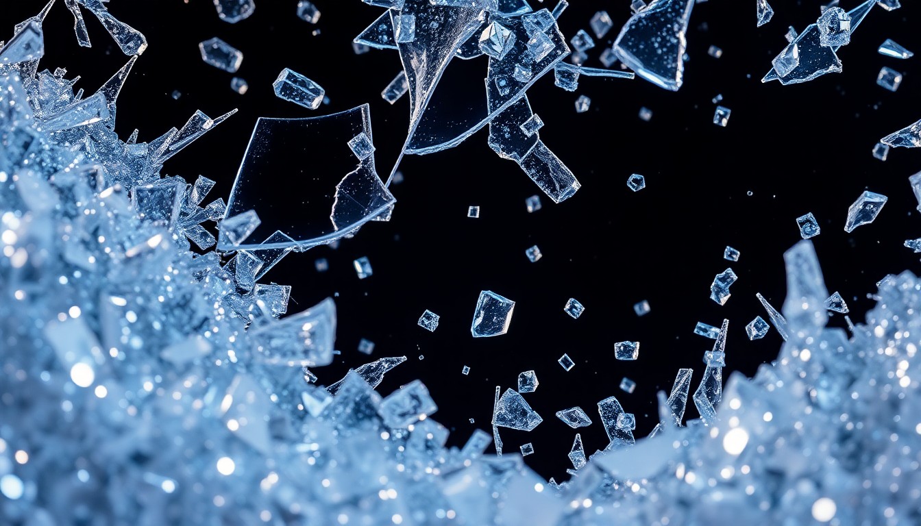 An abstract close-up image of shattered glass and glittering sequins, conveying the high-stakes drama of celebrity culture without depicting any specific individuals.