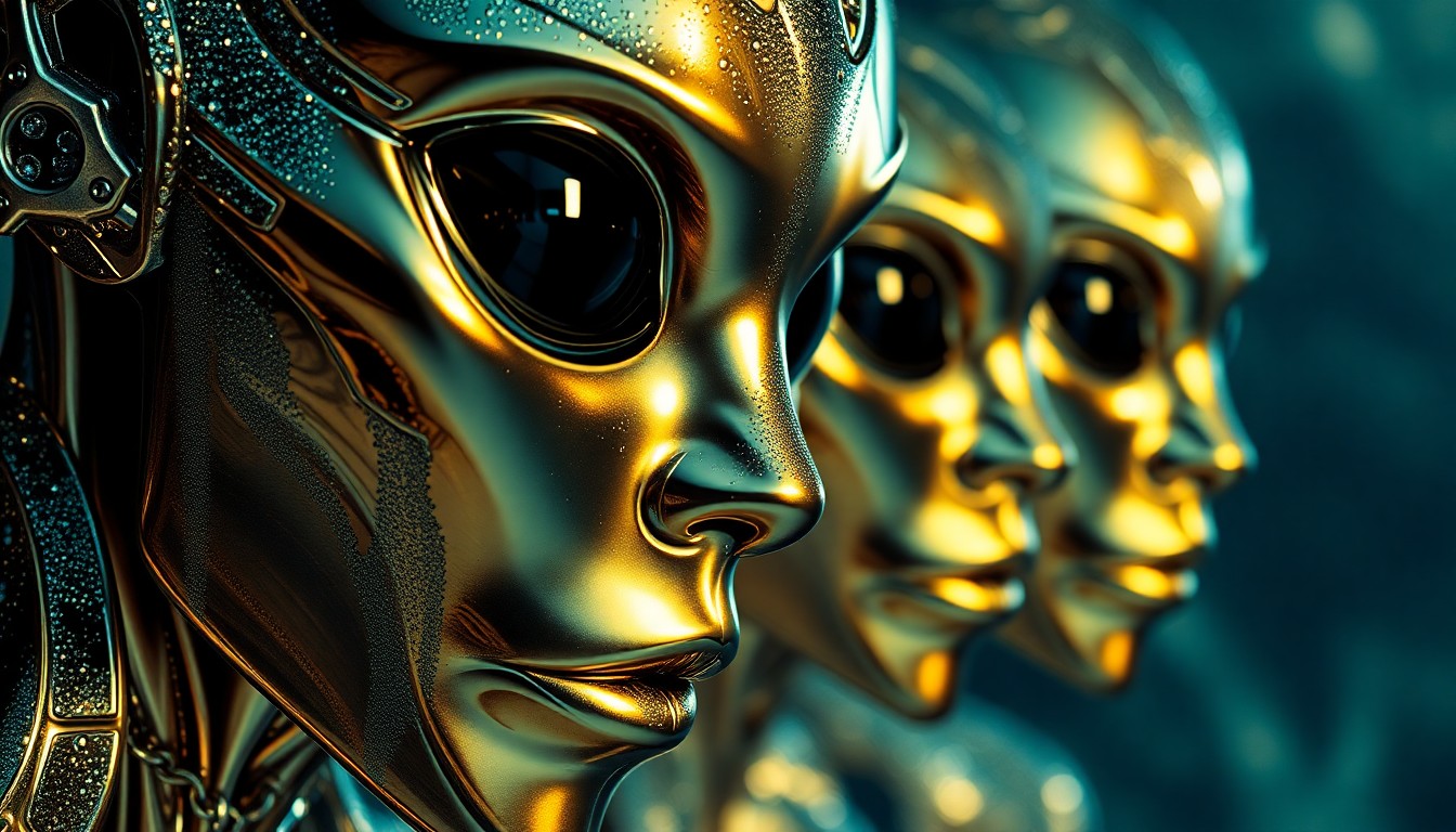 An extreme close-up of gleaming, reflective alien technology with dramatic, high-contrast lighting, conveying a sense of futuristic glamour and spectacle.
