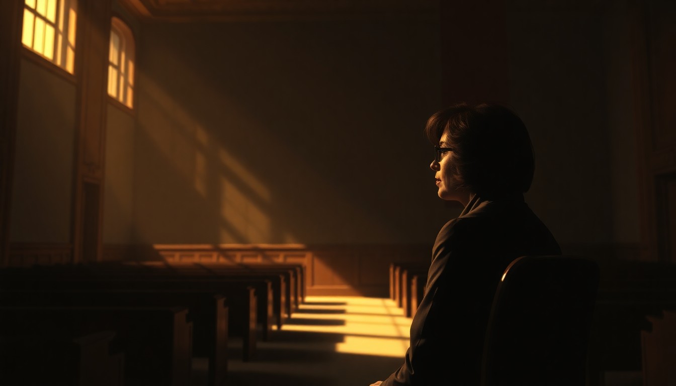 A cinematic painting of an elderly woman sitting alone in a dimly lit government chamber, the warm light casting deep shadows across the room, conceptually representing the legacy of a pioneering public servant.