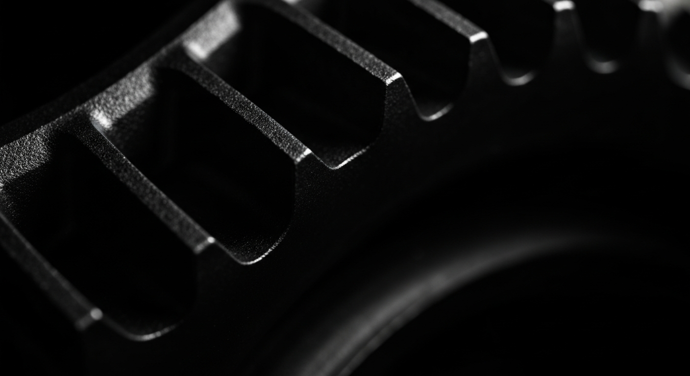 An extreme close-up of a highly textured metal automotive part, such as a gear or engine component, captured in dramatic lighting to convey the technical precision and engineering prowess of the automotive industry.