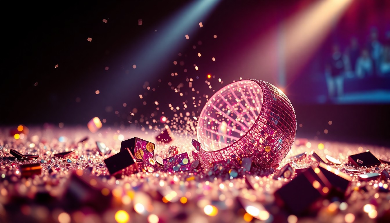 An abstract close-up photograph of shimmering sequins and shattered glass, capturing the high-energy glamour of a K-pop performance.