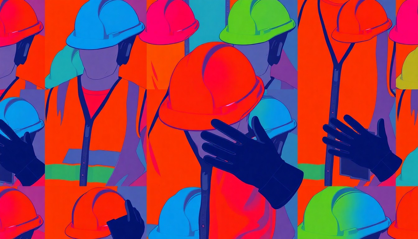 A brightly colored, high-contrast silkscreen print of construction safety gear repeated in a tight grid pattern, capturing the vibrant energy and creative spirit of the construction industry's future.