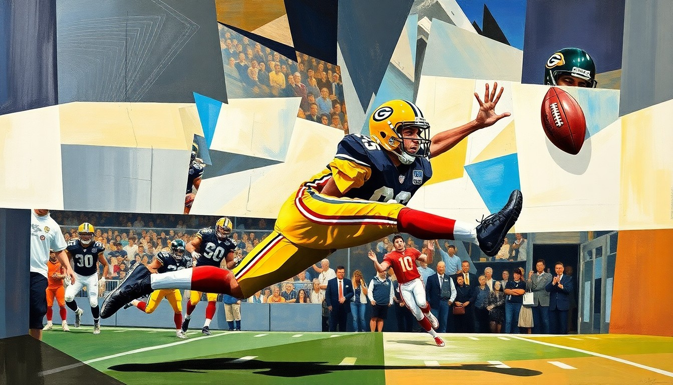 A cubist, geometric painting depicting a football player making a catch, with the figure broken down into sharp, overlapping planes of color and form.