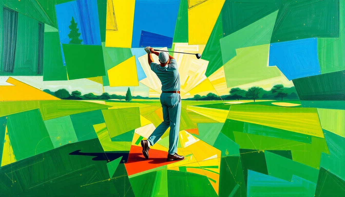 A cubist, geometric painting depicting a fragmented, multi-angled view of a golfer mid-swing, with sharp planes of emerald green, royal blue, and golden yellow colors representing the dynamic energy and movement of the sport.