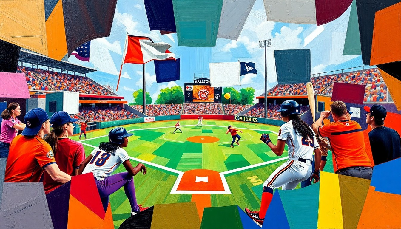 A fractured, multi-perspective painting in a cubist style, with sharp geometric planes in the team colors of South Carolina and Clemson, conveying the energy and competition of their softball matchup.