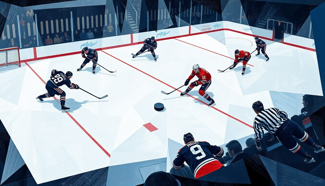 A cubist, geometric painting depicting a hockey game, with the players and ice broken down into abstract shapes and angles, with the puck as the central focus.