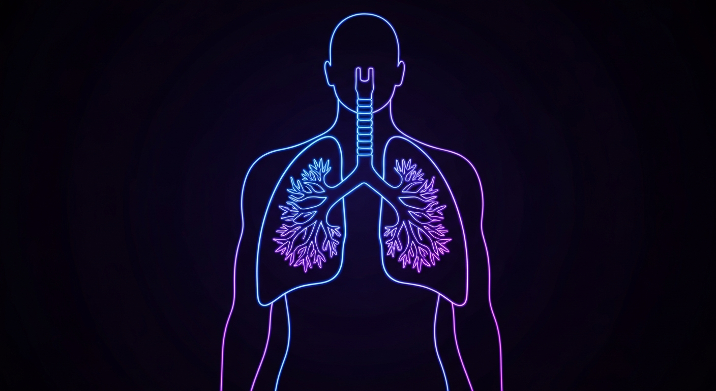 A glowing neon outline of a person's lungs, representing the respiratory challenges of cystic fibrosis, against a dark background.