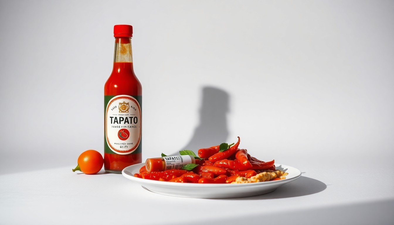 A photorealistic studio still life featuring a bottle of Tapatío hot sauce, a GLP-1 medication vial, and a plate of spicy food, symbolizing the intersection of health trends and the growing popularity of bold flavors.