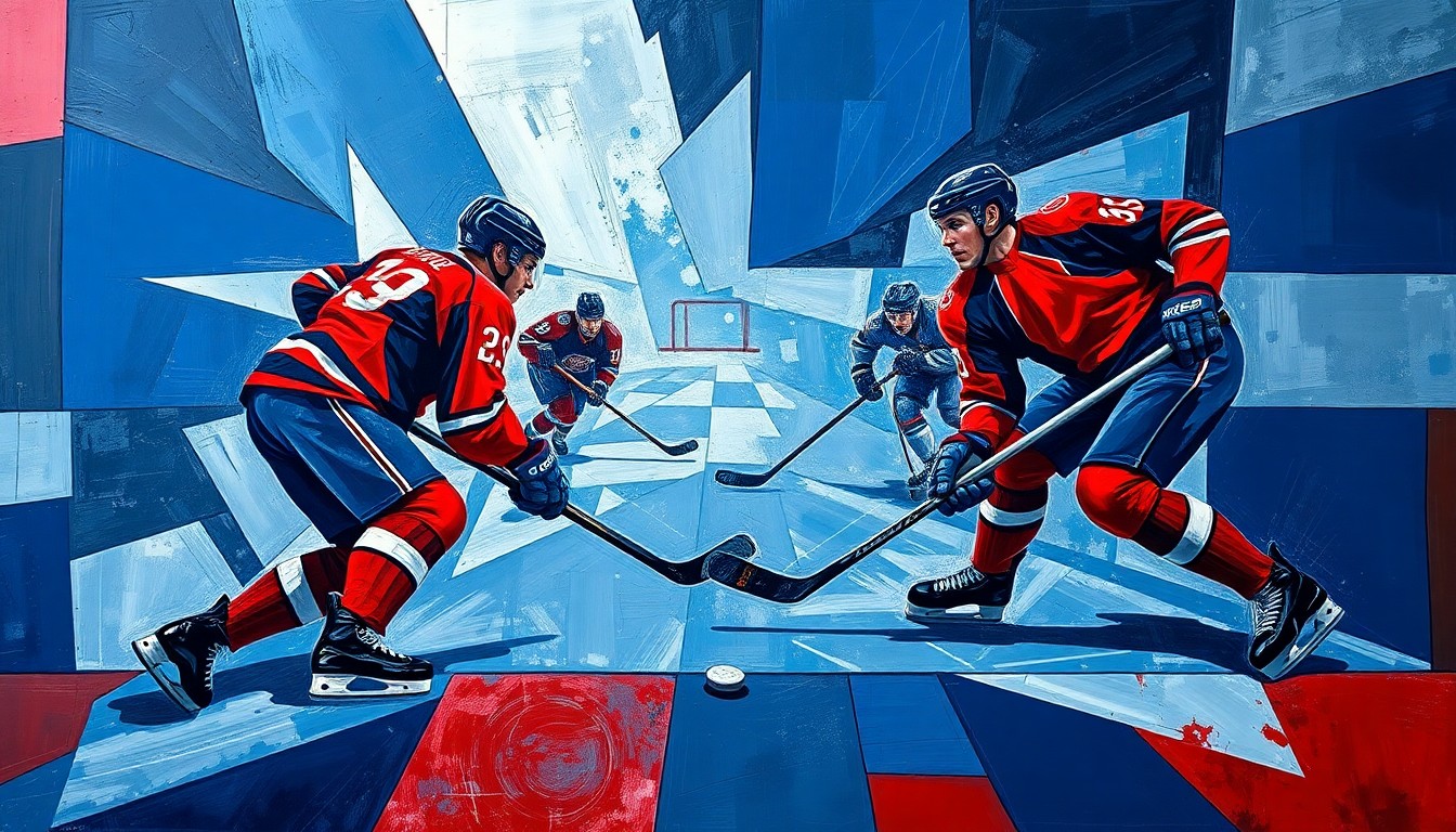 A fractured, multi-perspective painting depicting a hockey game, with the players and puck broken down into sharp, overlapping geometric shapes in a palette of navy, crimson, and silver, conceptually representing the deconstruction of a pivotal moment in Ovechkin's storied career.
