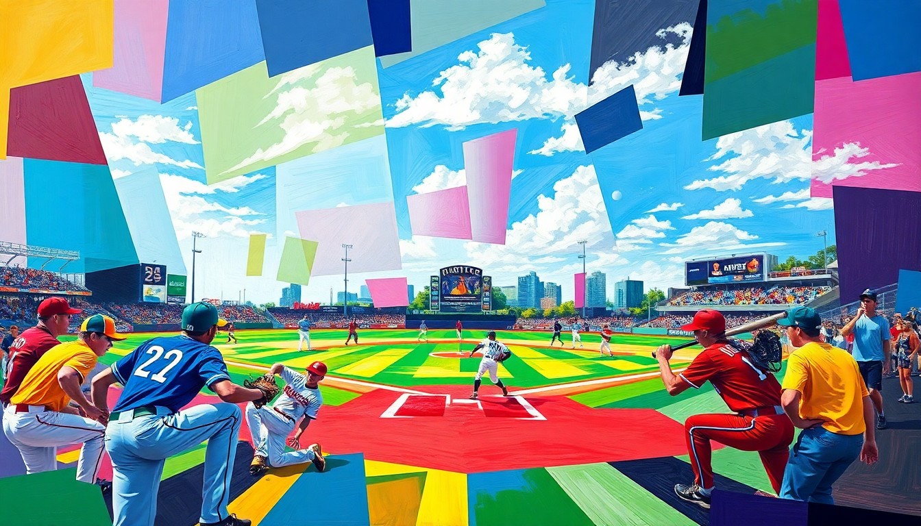 A fragmented, cubist-style painting depicting a high school baseball game, with the players and field broken down into sharp, overlapping geometric shapes and planes in a vibrant color palette.