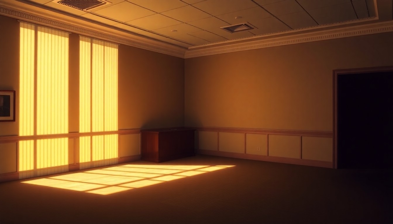 A dimly lit, cinematic government office space with a lone desk and chair, the warm sunlight casting deep shadows and creating a contemplative, nostalgic mood about the political process.