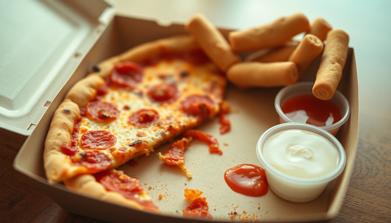 A softly focused, abstract photograph in shades of amber and ochre, depicting the blurred outlines of a takeout container filled with the remnants of a pizza meal, evoking a sense of comfort and nostalgia around leftover food.