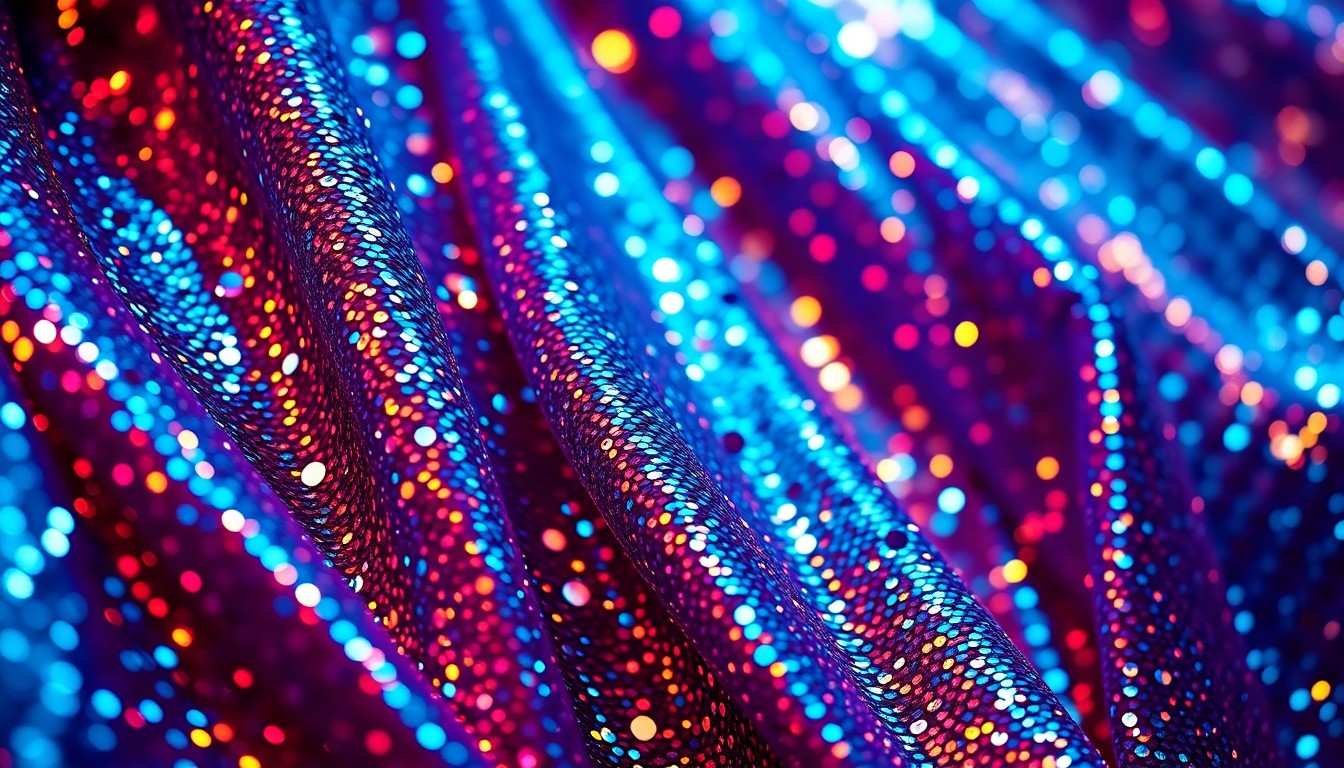 An abstract close-up photograph featuring a textured, high-contrast composition of glittering sequins and shimmering fabrics in vibrant shades of blue, red, and gold, evoking the glamour and energy of a major music festival performance.