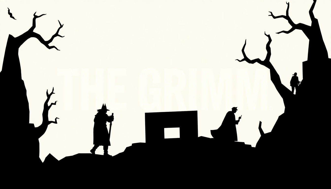 A striking black and white abstract illustration featuring jagged, geometric shapes and silhouettes, conceptually representing the dark, fairy tale-inspired music of the band The Grimm®.