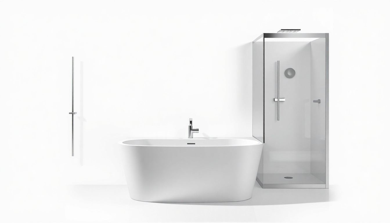 A photorealistic studio still-life photograph featuring a sleek, modern KOHLER walk-in bath and shower system arranged elegantly on a clean, white background, conceptually representing the quality and value of these bathroom upgrades.