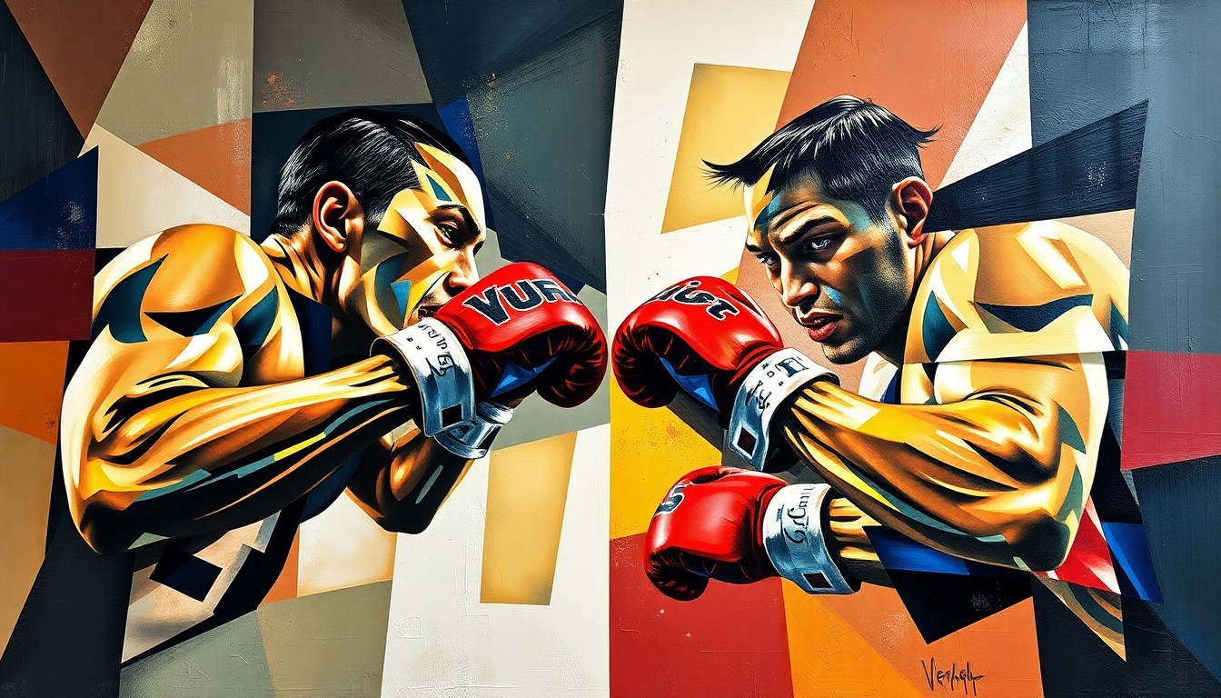 A cubist-style painting depicting a boxing match between Oleksandr Usyk and Rico Verhoeven, with the figures and action broken down into sharp, overlapping geometric shapes and planes.