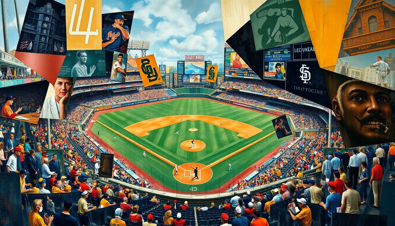 A cubist, geometric painting depicting a baseball game, with overlapping planes of color and shape representing the various elements of the sport.