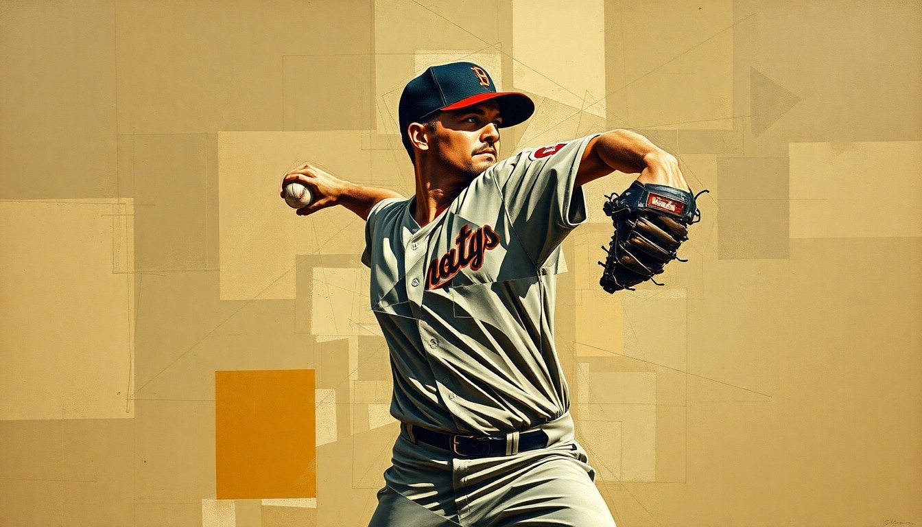 A cubist, geometric painting depicting a baseball pitcher's windup and delivery broken down into overlapping, angular planes in muted earth tones, conceptually representing the complexities of free agent contract negotiations.