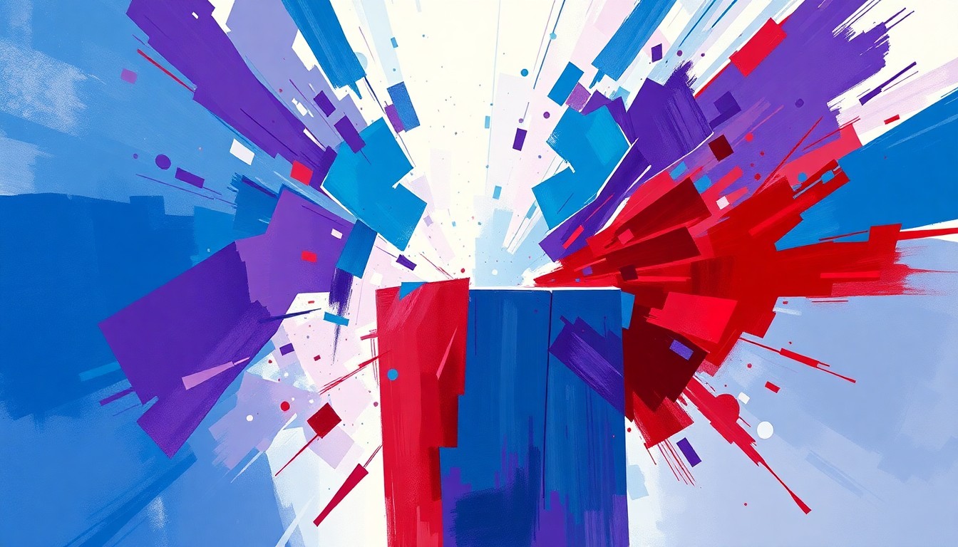 A vibrant, abstract painting featuring overlapping, geometric shapes in shades of blue, purple, and red, conceptually representing the dynamic changes to Rochester's school board election system.
