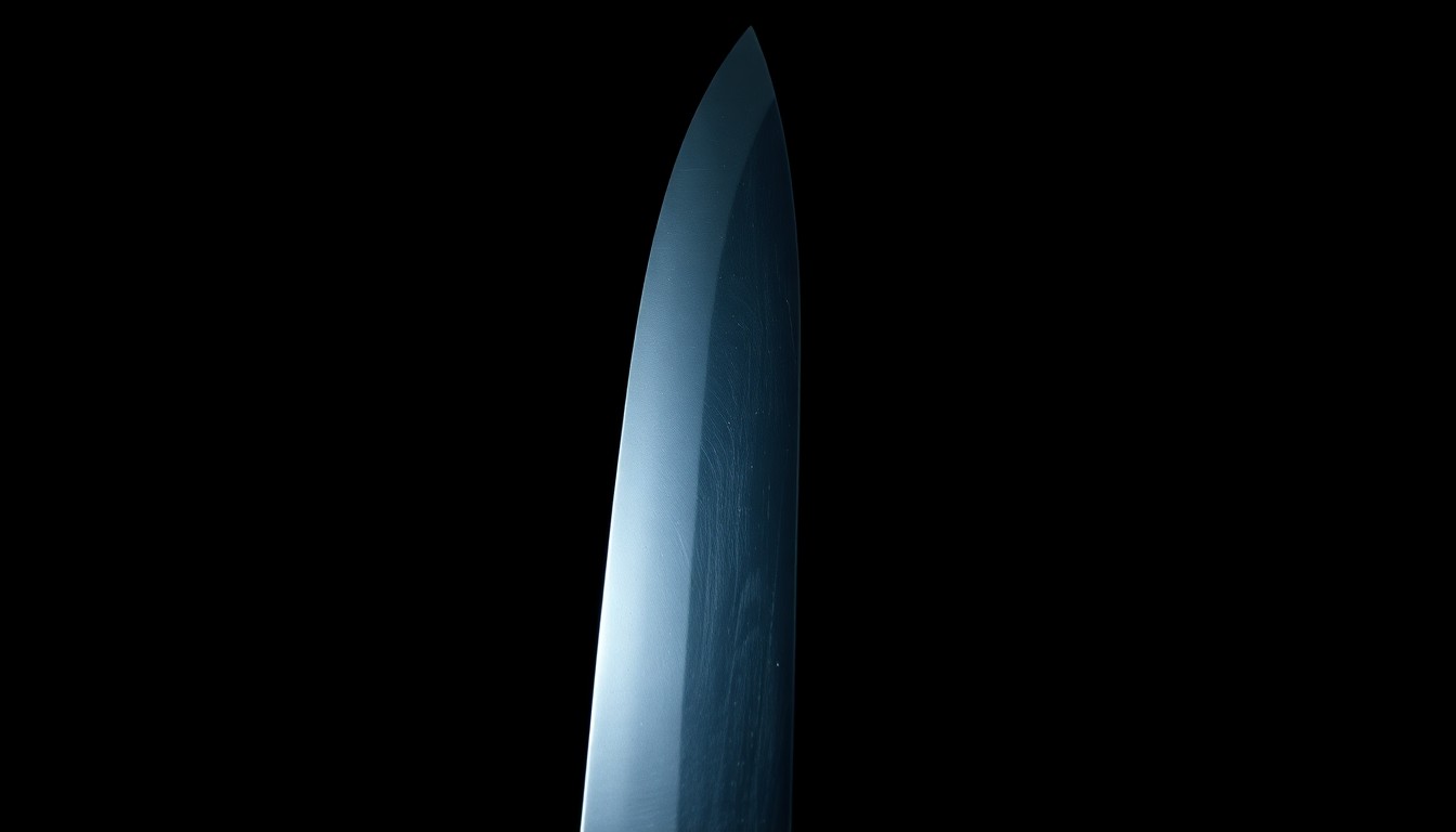 An extreme close-up of a machete blade, its sharp edges and metallic sheen dramatically illuminated by a harsh flash against a pitch-black background, conceptually representing the violent crime that took place.