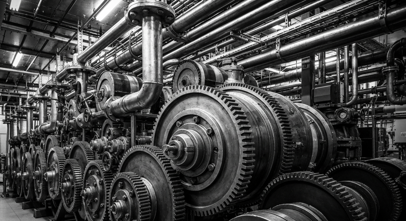 A high-contrast black and white close-up of interlocking gears, pipes, and other heavy industrial machinery, representing the physical infrastructure powering data centers and the digital economy.
