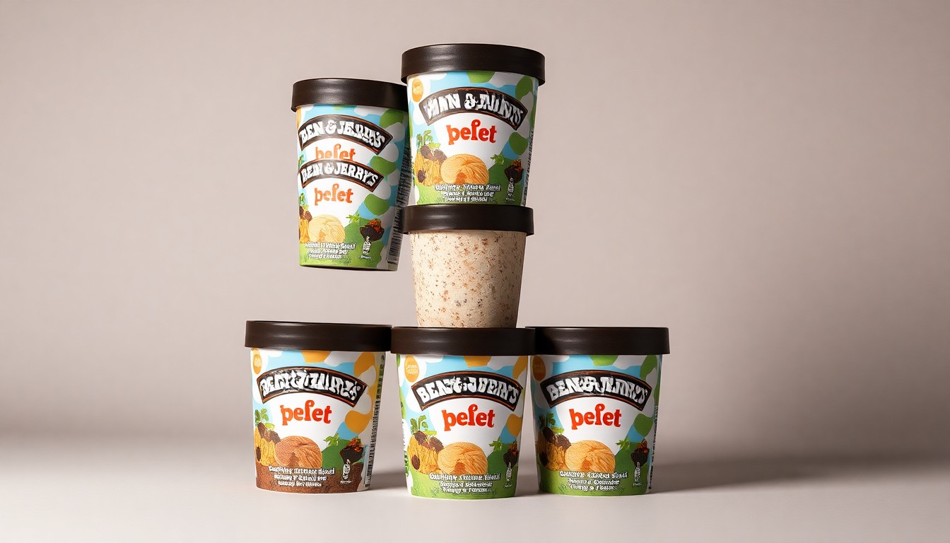 A high-end, photorealistic studio still-life photograph featuring a stack of premium-looking Ben & Jerry's ice cream pints arranged elegantly on a clean, monochromatic background, conceptually representing the abstract corporate forces at play behind the brand's social mission.