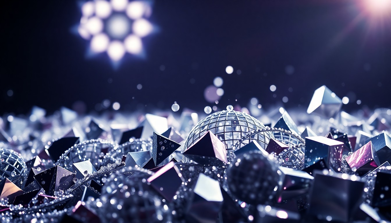 An abstract close-up photograph of shimmering, broken glass shards in high-contrast studio lighting, conveying the fragile glamour of the music industry.