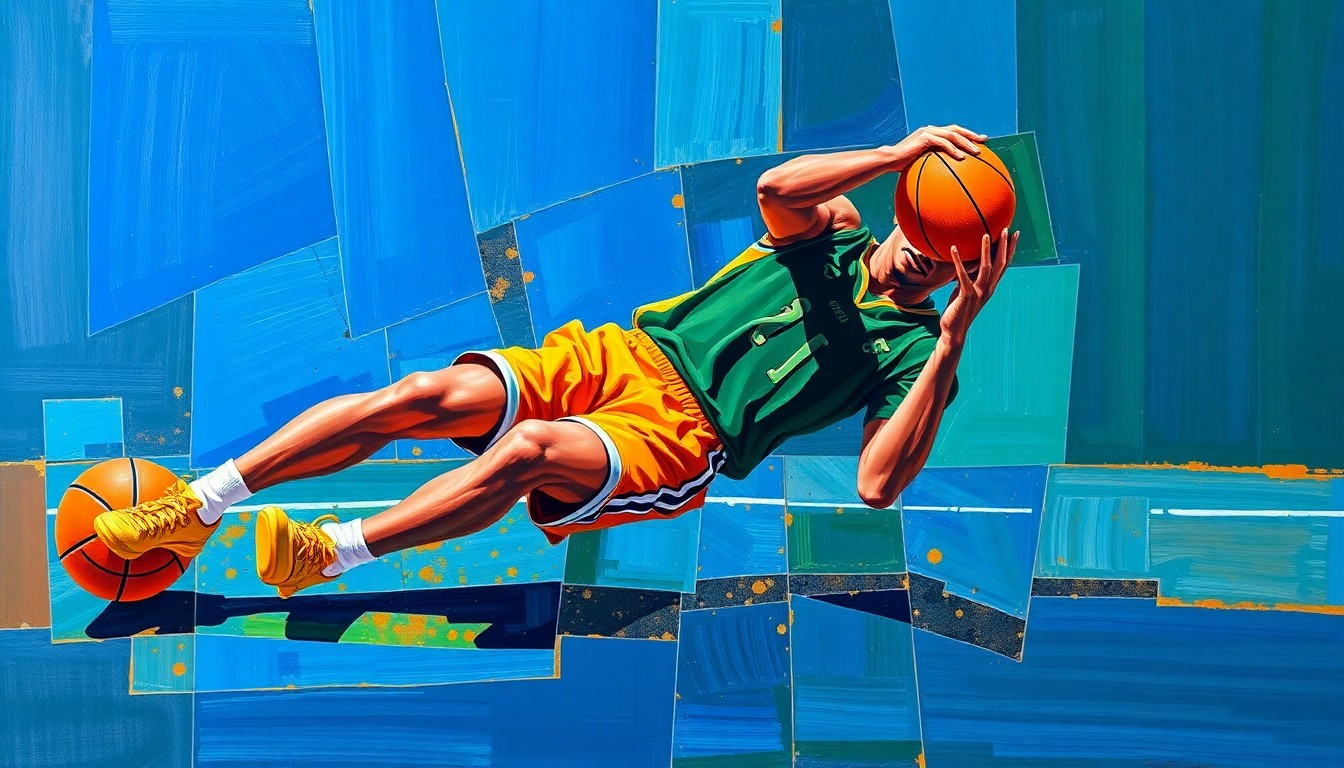 A cubist-style painting featuring sharp, overlapping geometric shapes in shades of blue, green, and orange, representing a basketball player falling to the court after a collision.