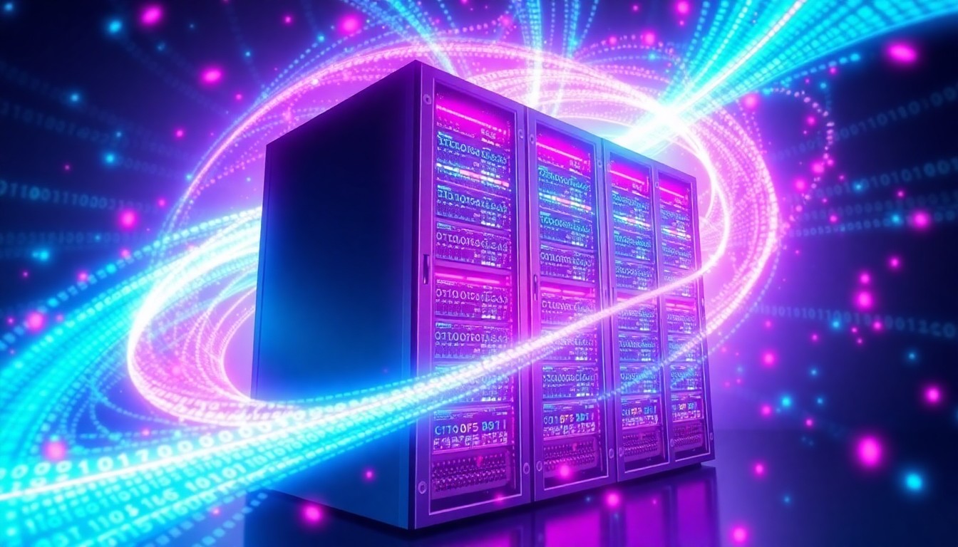 A highly detailed, glowing 3D illustration of a massive data server rack, surrounded by a swirling vortex of binary code and pulsing digital energy, conceptually representing the community's concerns over the proposed Okee One data center project.