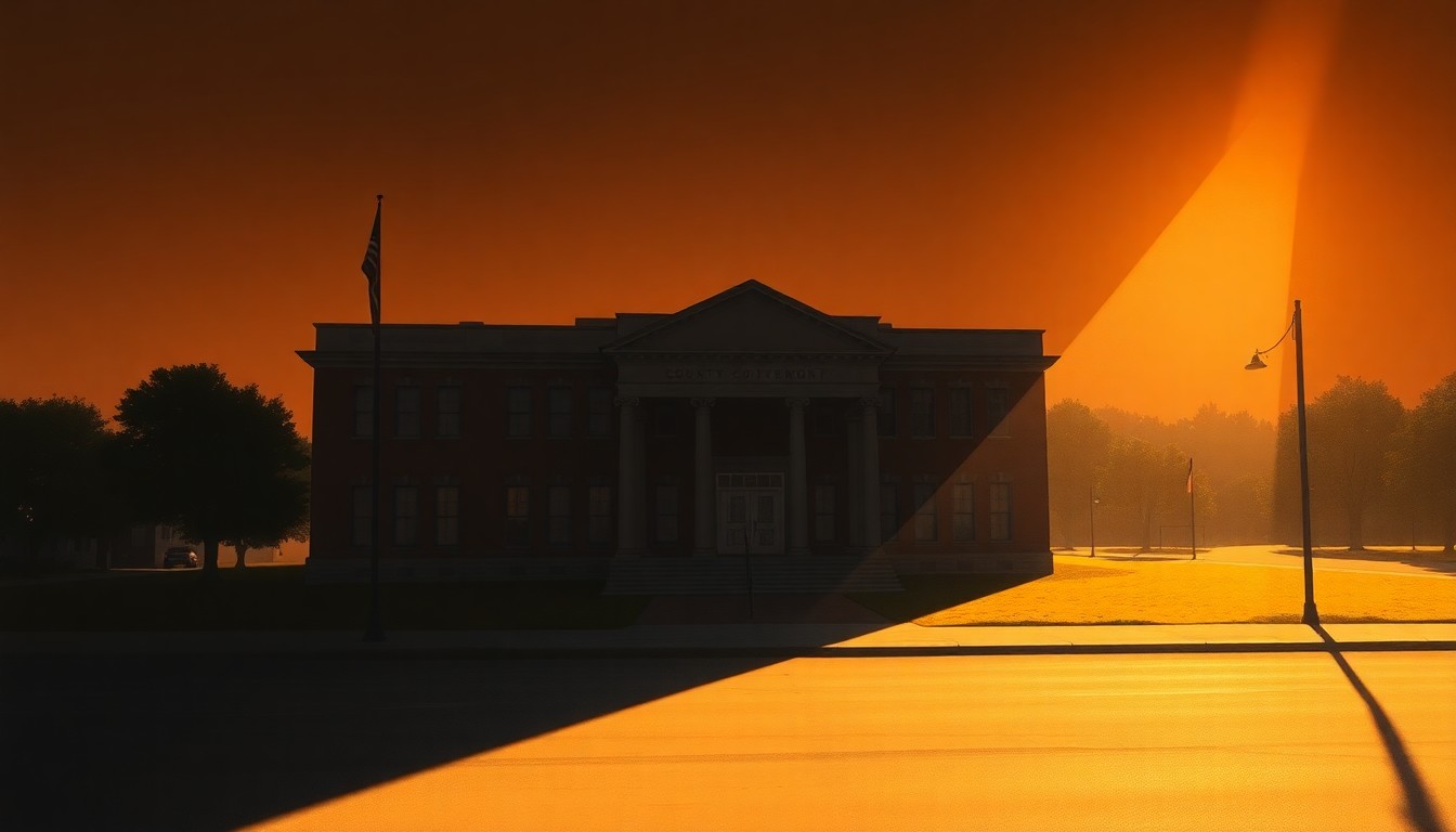 A serene, photorealistic painting of a county government building in warm, golden light, conveying a sense of quiet contemplation and political negotiation.