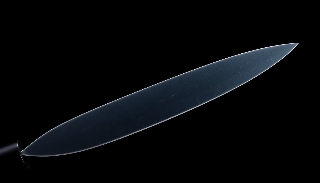 An extreme close-up photograph of a knife blade against a pitch-black background, lit by a harsh, direct camera flash, conceptually representing the dangerous weapon used in a reported domestic violence incident.