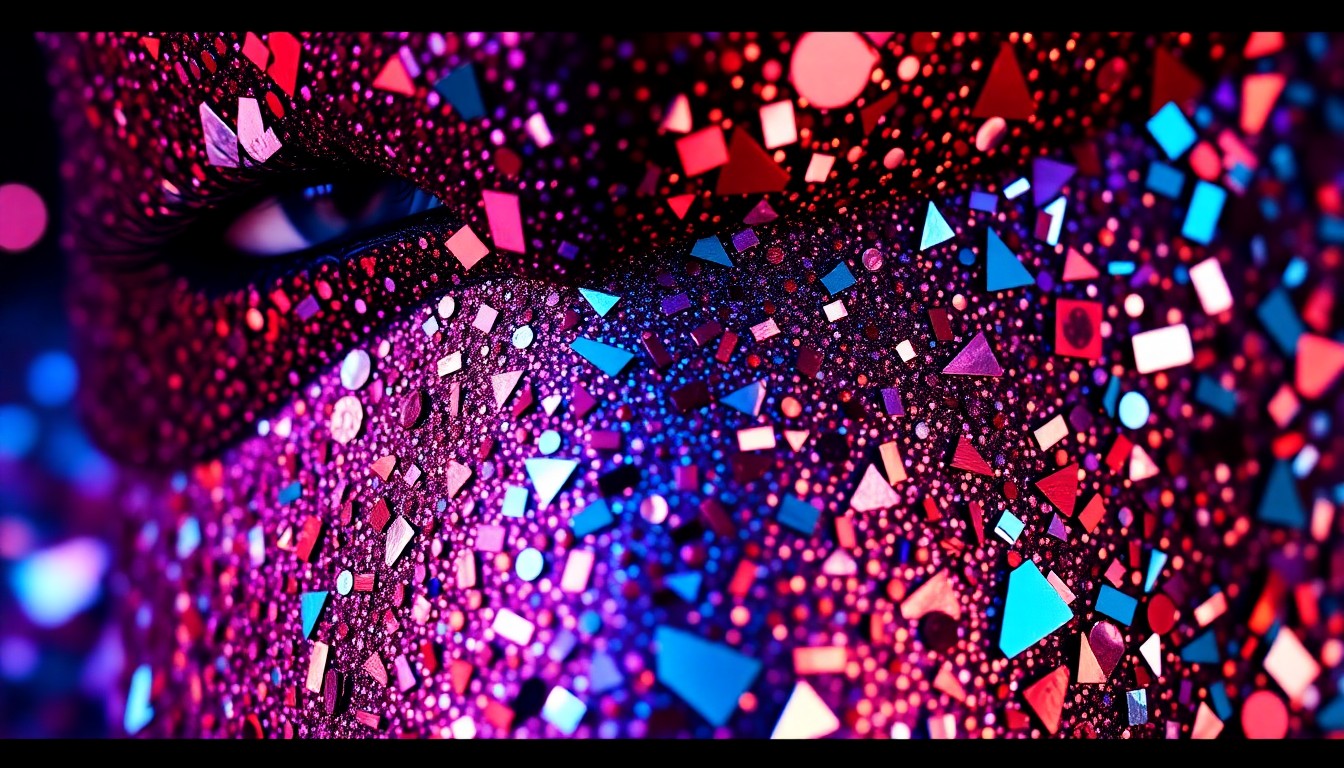 An extreme close-up photograph of shimmering, high-contrast textures like sequins, metallic paint, and crushed mirror shards in vibrant colors, conceptually representing the glam rock aesthetic of the new KISS avatar show.