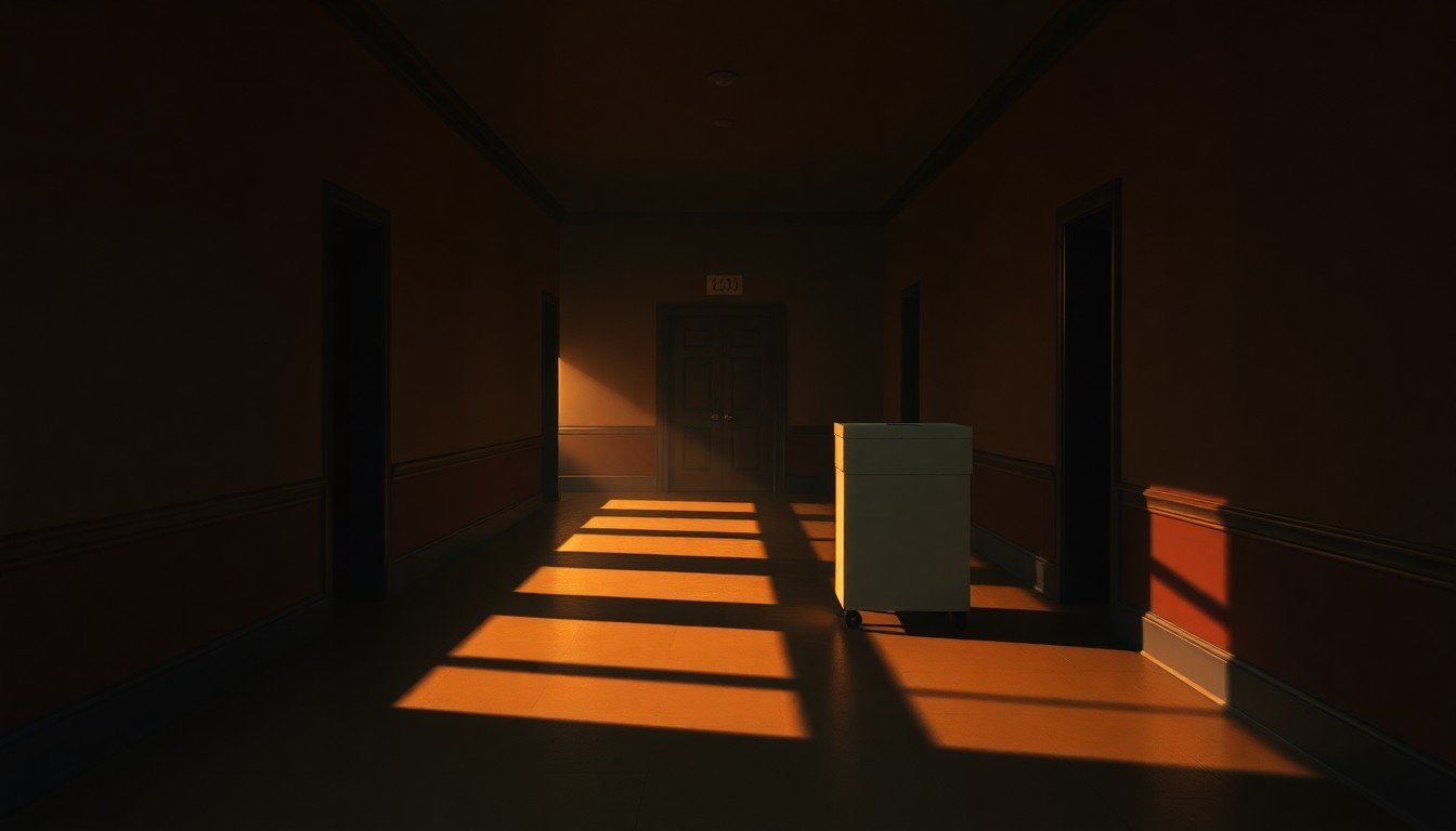 A dimly lit, cinematic painting of a solitary ballot box sitting on a wooden table in a county courthouse hallway, with warm sunlight streaming in through a window and casting deep shadows across the scene, conceptually representing the importance of the upcoming Grant County commissioner primary election.