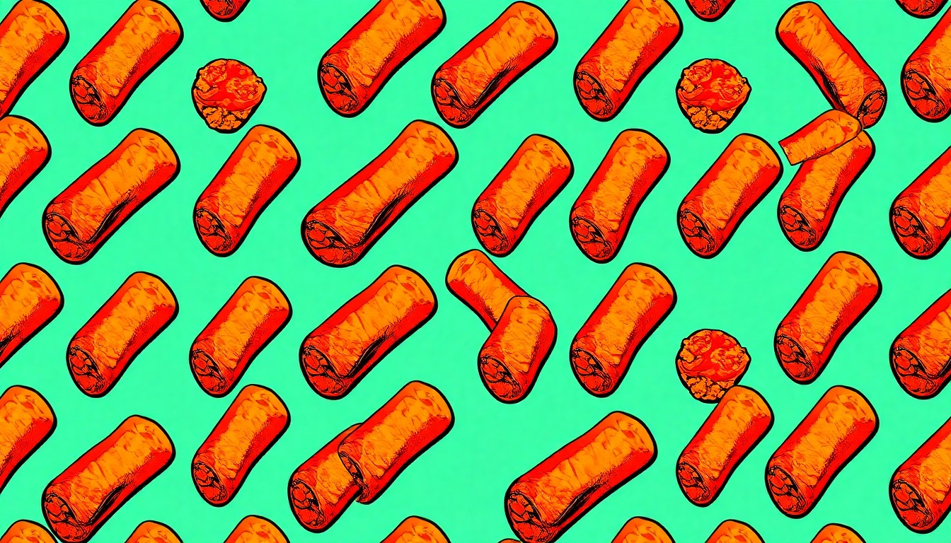 A vibrant, high-contrast silkscreen print depicting a grid of stylized cannoli in neon pink, orange, and blue hues, conceptually representing the iconic status of Stella's signature dessert.