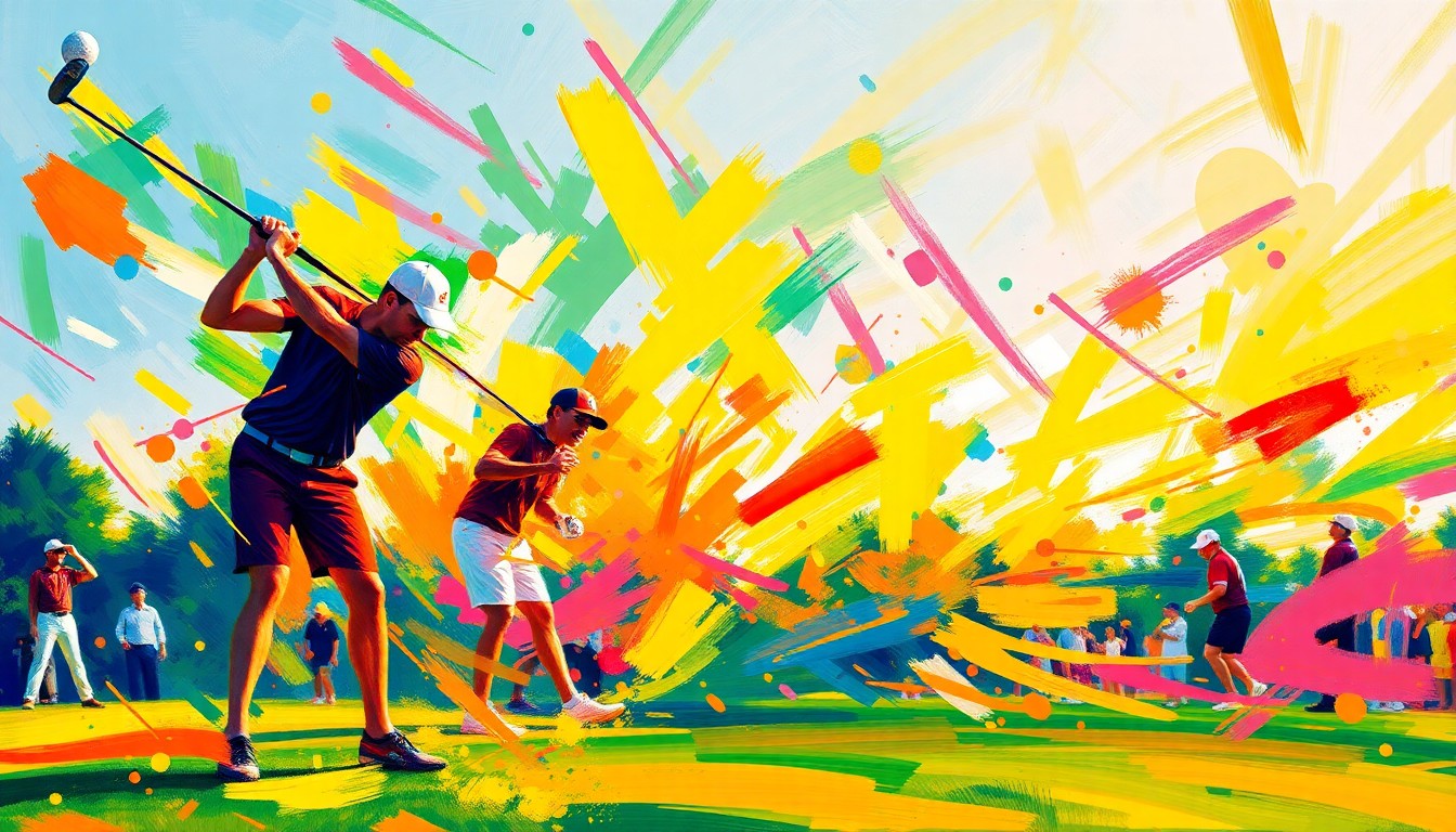 An abstract, expressionist painting using vibrant neon brushstrokes to capture the dynamic motion and energy of a high school golf tournament, with overlapping shapes and forms suggesting the swing of a club and the flight of a ball.
