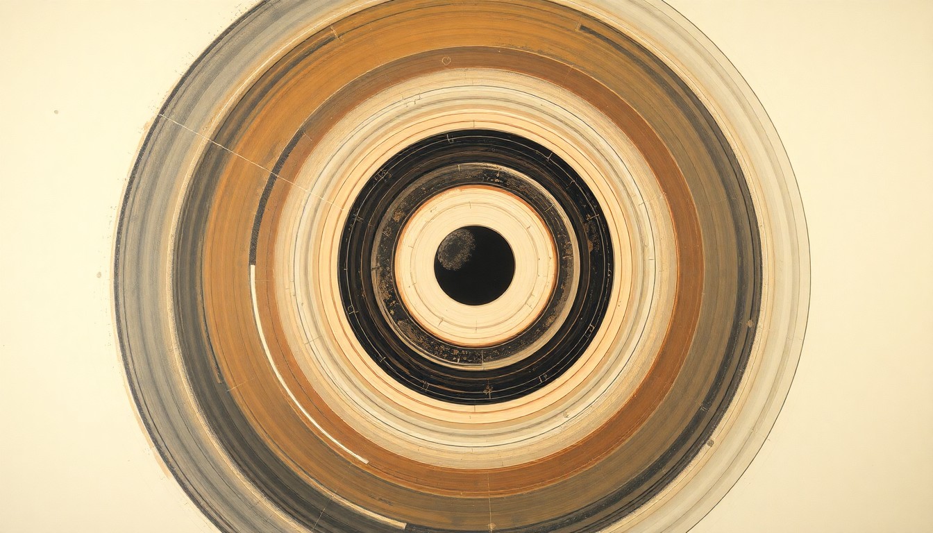 A bold, abstract painting in soft blues, greens, and greys depicting the complex orbital path and gravitational forces surrounding a large asteroid as it approaches a smaller planet, conveying the structural order of the solar system through precise geometric shapes and sweeping celestial spirals.