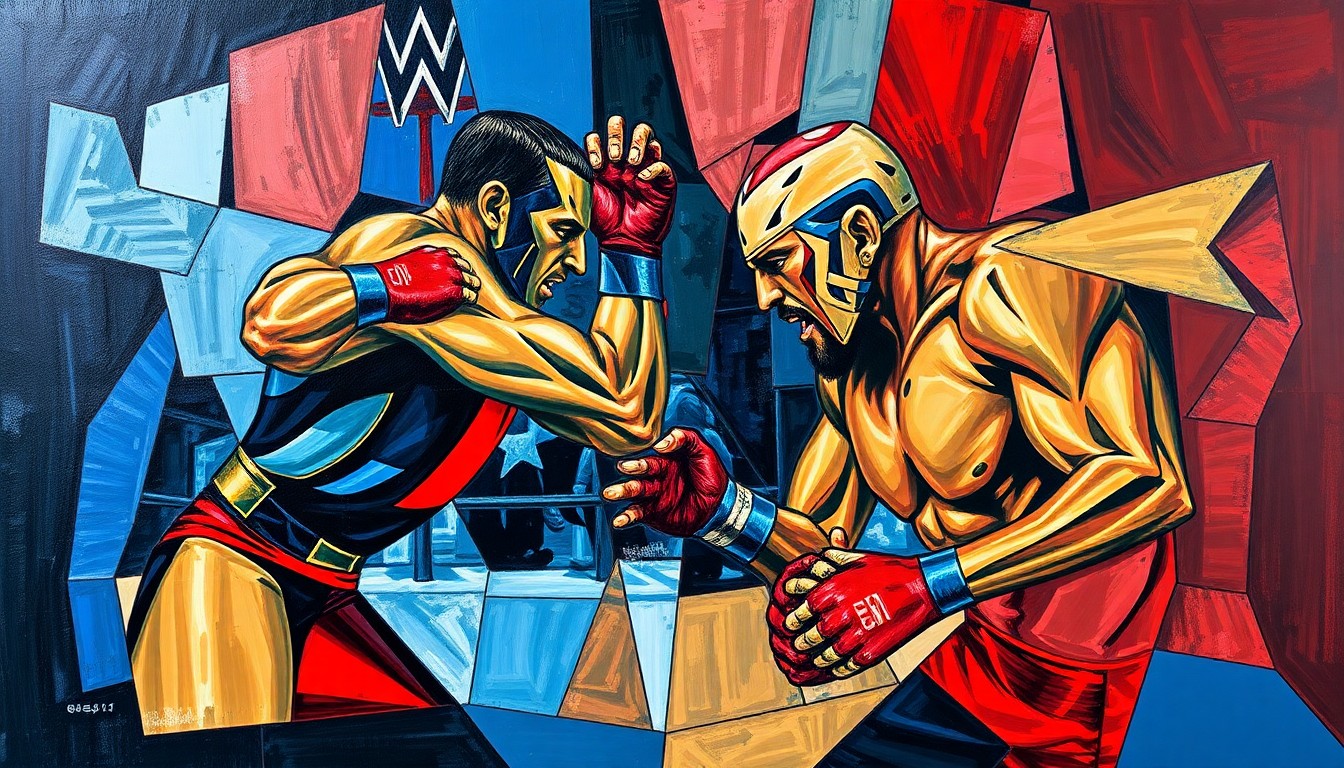 A cubist, geometric painting depicting the dynamic movements and intense physicality of a wrestling or MMA match, with sharp planes of color and overlapping perspectives conveying the raw power and athleticism of the sport.