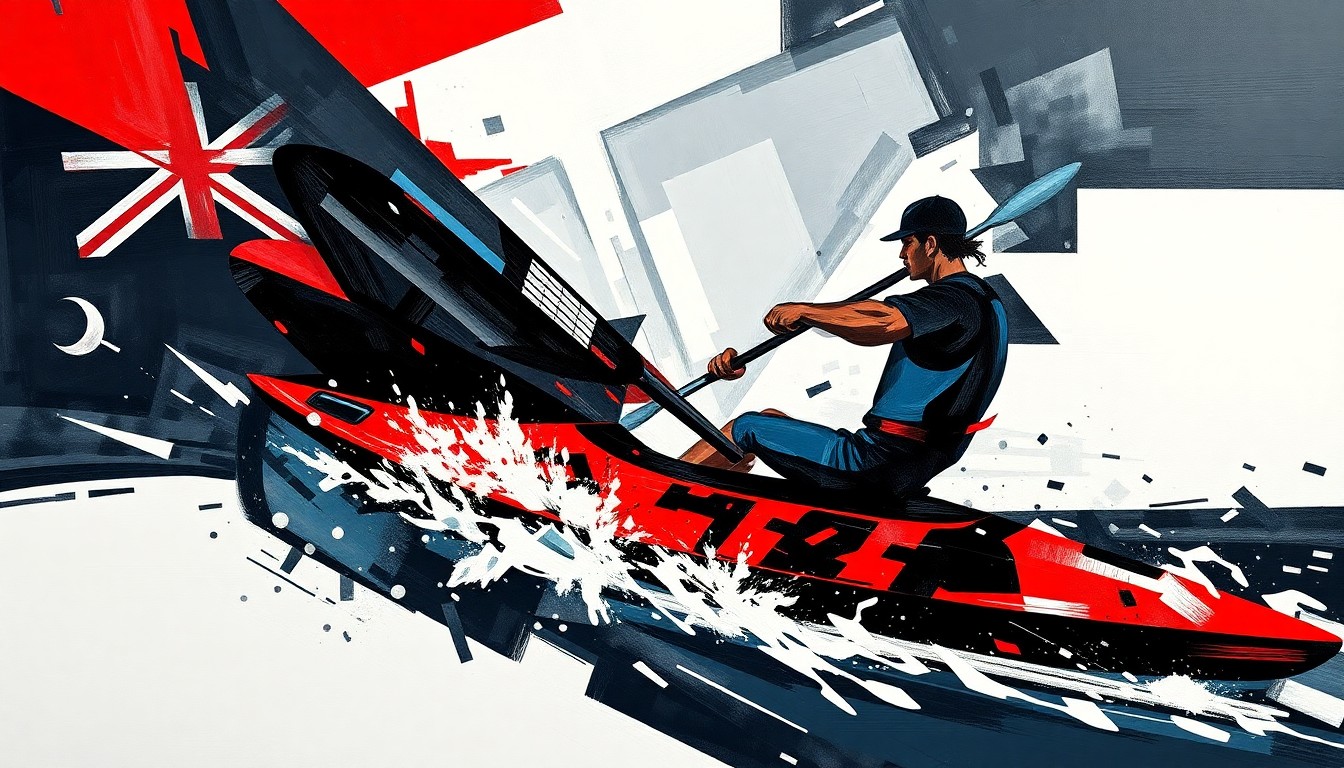 A fragmented, cubist-style painting depicting the dynamic motion of a kayaker, with bold colors and geometric shapes representing the energy and focus of the athlete.