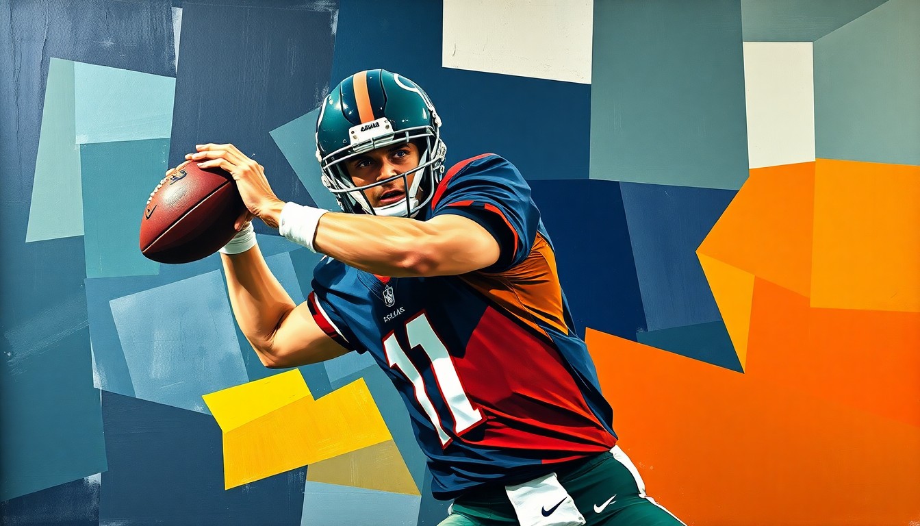 A cubist, geometric painting depicting a football quarterback's throwing motion broken down into sharp, overlapping planes of navy blue, hunter green, and burnt orange.