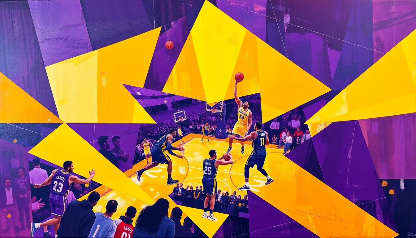 A cubist, geometric painting depicting a Lakers basketball game, with players' forms abstracted into angular shapes and planes of vibrant purple and gold colors.