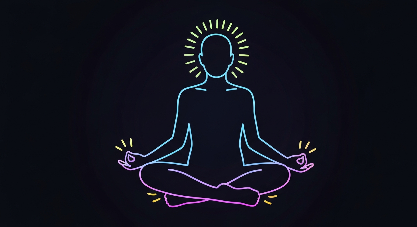 A minimalist illustration of a person sitting in a meditative pose, their form defined by glowing neon lines against a dark background, conveying the calming energy of a nature-based wellness practice.