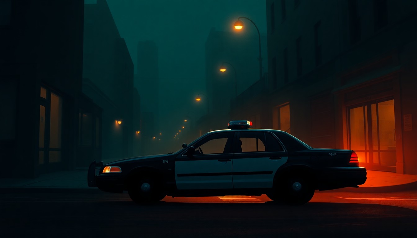 A realistic oil painting depicting a lone police car parked on a shadowy urban street, with warm sunlight casting dramatic diagonal shadows across the scene, conveying a sense of quiet tension and unease.