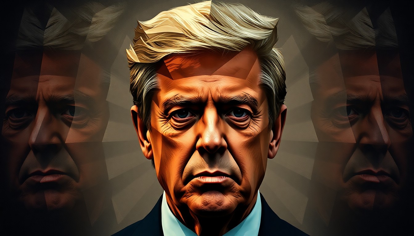 A conceptual abstract painting featuring a distorted, fragmented face in muted tones, conveying a sense of political scandal and disgrace.