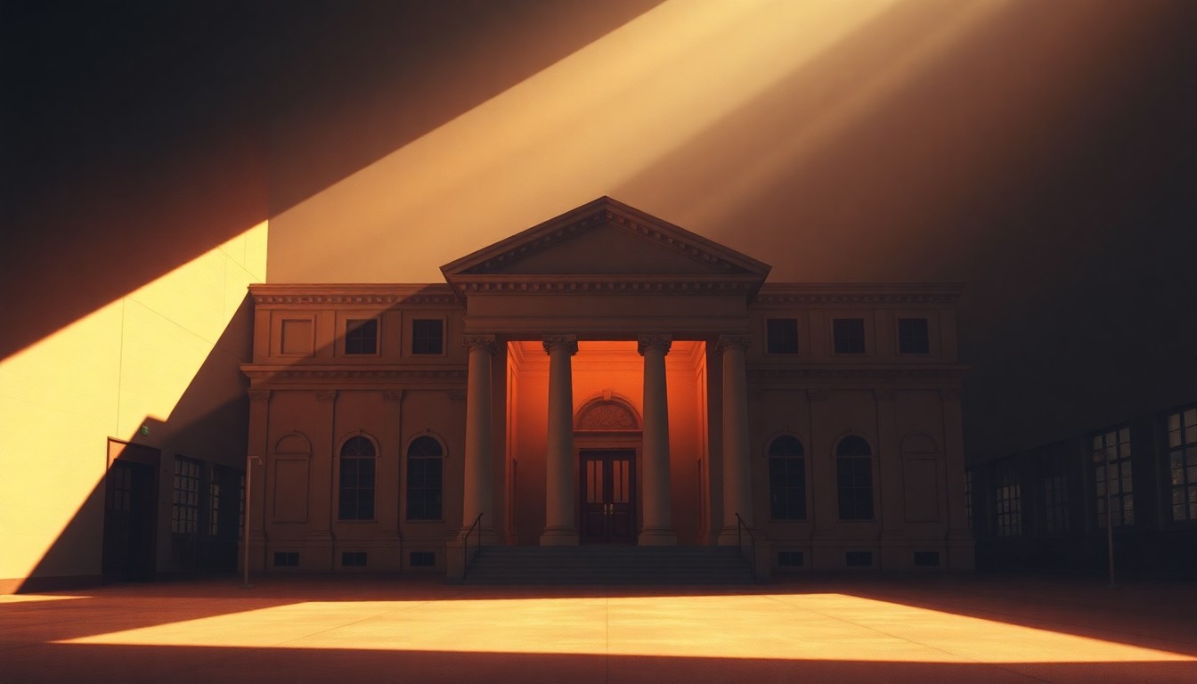 A serene, painterly image of a municipal building in warm, golden light, conveying the solemn transition of political power in a local community.