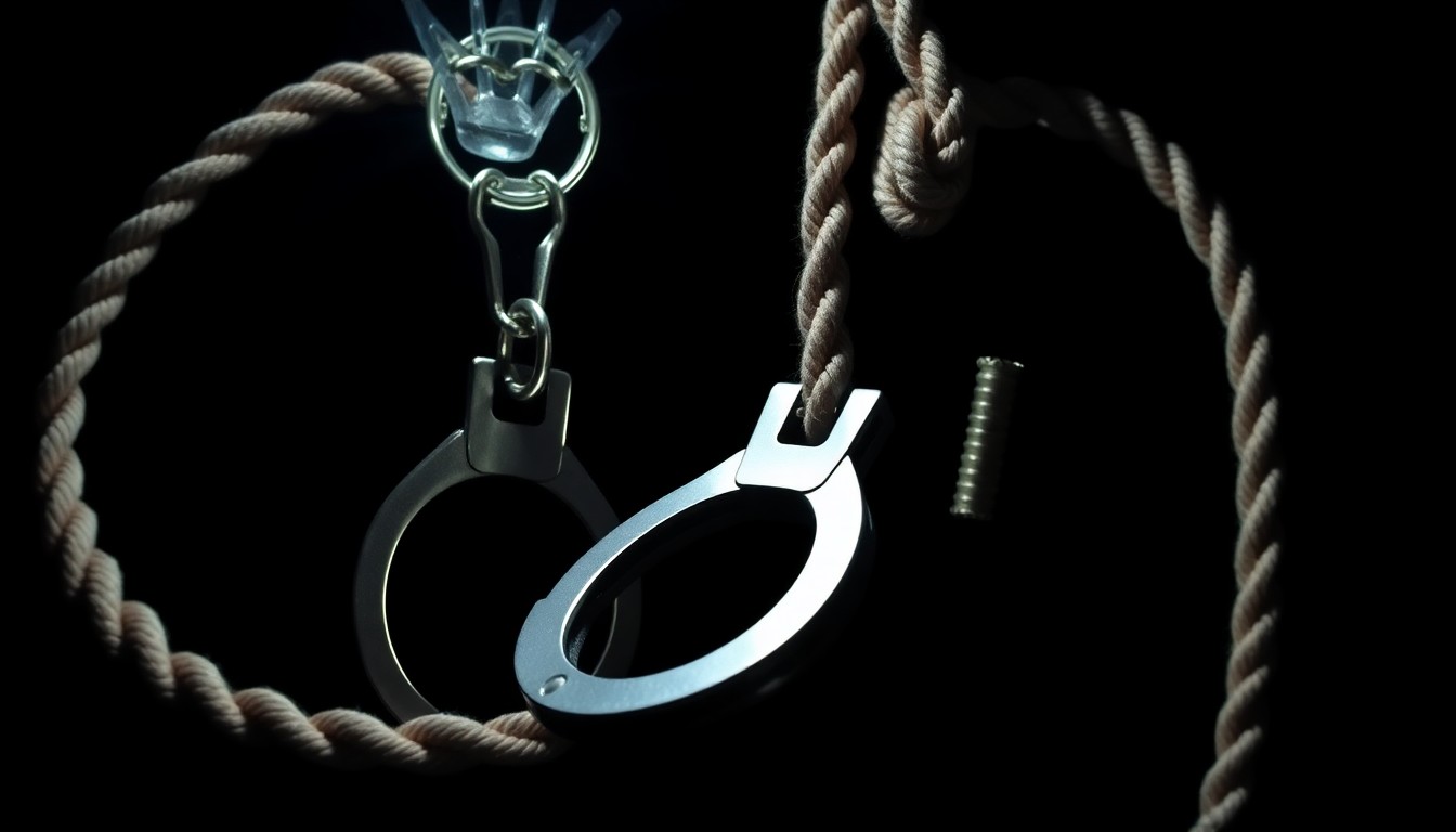 An extreme close-up of a set of handcuffs and rope, lit by a harsh, direct camera flash against a pitch-black background, conceptually representing the disturbing tools of a child predator.